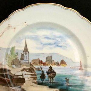 Antique Hand Painted Plate Fischer Mieg Village Water Scene